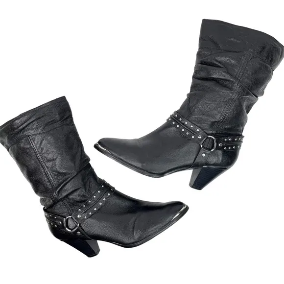 Dingo Emma Slouchy Western Heeled Boot Black Pigskin Leather SZ 9 Harness