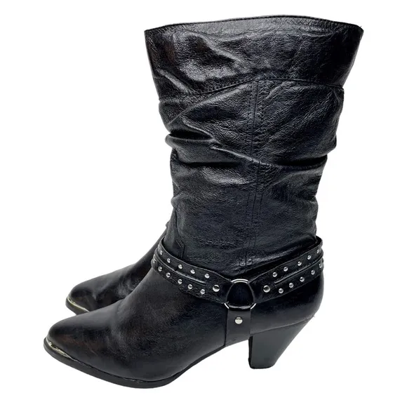 Dingo Emma Slouchy Western Heeled Boot Black Pigskin Leather SZ 9 Harness