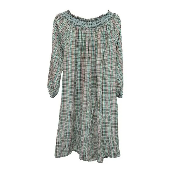 Doen Green Plaid Smocked Cotton Maxi Dress XS Oversized Boho Peasant Style