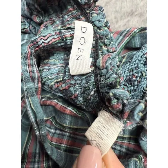 Doen Green Plaid Smocked Cotton Maxi Dress XS Oversized Boho Peasant Style