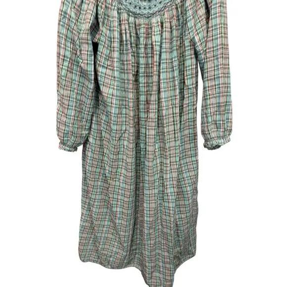 Doen Green Plaid Smocked Cotton Maxi Dress XS Oversized Boho Peasant Style