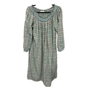 Doen Green Plaid Smocked Cotton Maxi Dress XS Oversized Boho Peasant Style