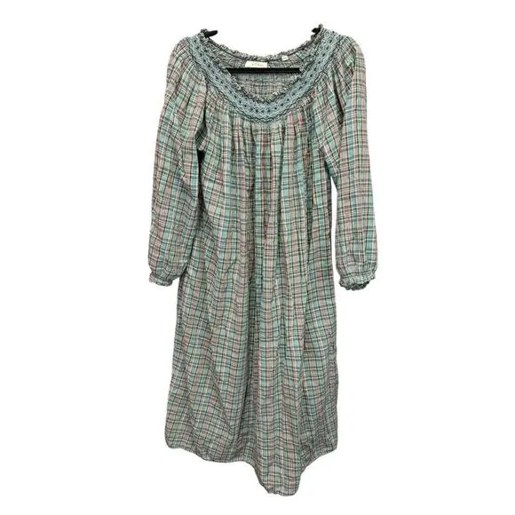 Doen Green Plaid Smocked Cotton Maxi Dress XS Oversized Boho Peasant Style