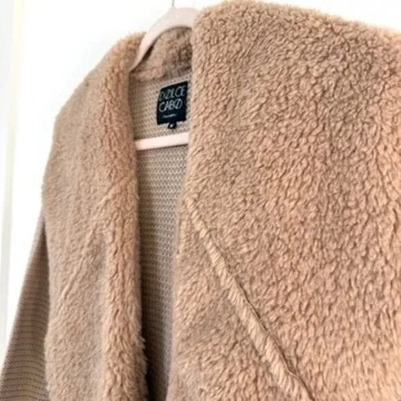 Dolce Cabo Faux Fur Waterfall Cardigan Beige Tan Sweater Jacket Women Size M