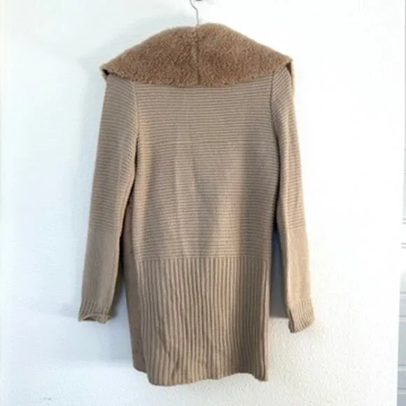 Dolce Cabo Faux Fur Waterfall Cardigan Beige Tan Sweater Jacket Women Size M