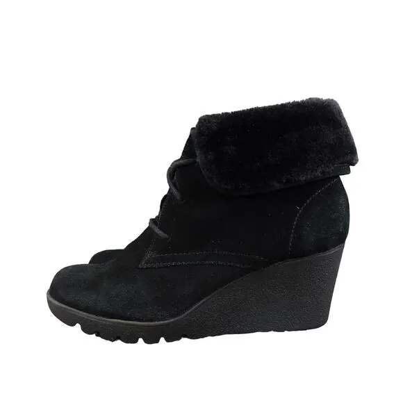 Donald Pliner Shoes Womens 6 Booties Wedge Lace Up Fashion Leather Faux Fur Mid