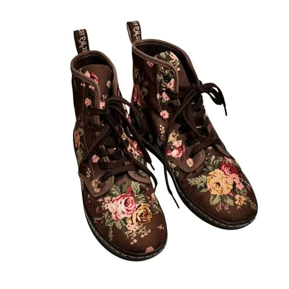 Dr Doc Martens Shoreditch Brown Floral High Top Lace Up Canvas Boots Shoes US 6