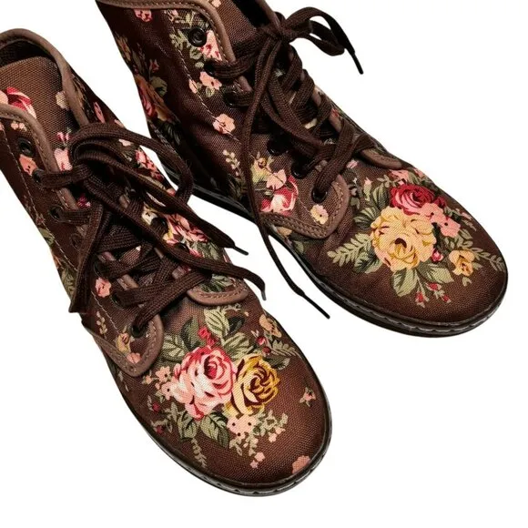 Dr Doc Martens Shoreditch Brown Floral High Top Lace Up Canvas Boots Shoes US 6