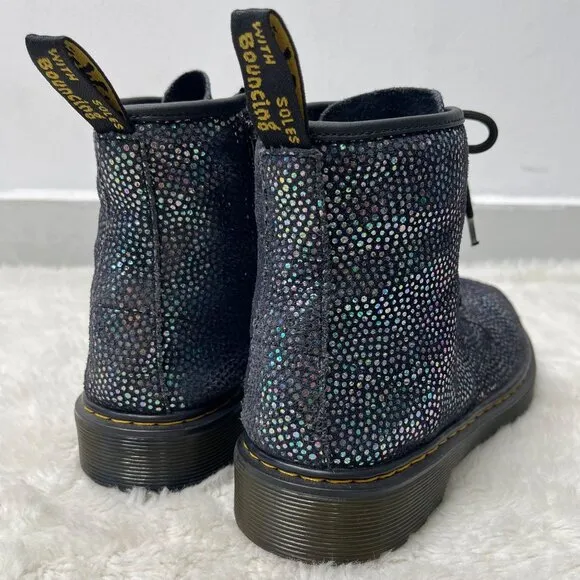 Dr Martens #1460 Kid's Black Ankle Lace Up Metallic Suede Boots Shoes Size 4