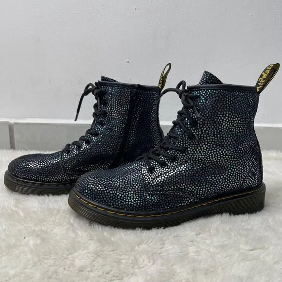 Dr Martens #1460 Kid's Black Ankle Lace Up Metallic Suede Boots Shoes Size 4