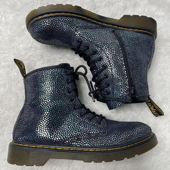 Dr Martens #1460 Kid's Black Ankle Lace Up Metallic Suede Boots Shoes Size 4
