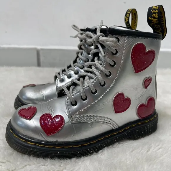 Dr. Martens #1460 Kid's Girl's Grey Red Glitter Star Lace Up Boots Shoes 10