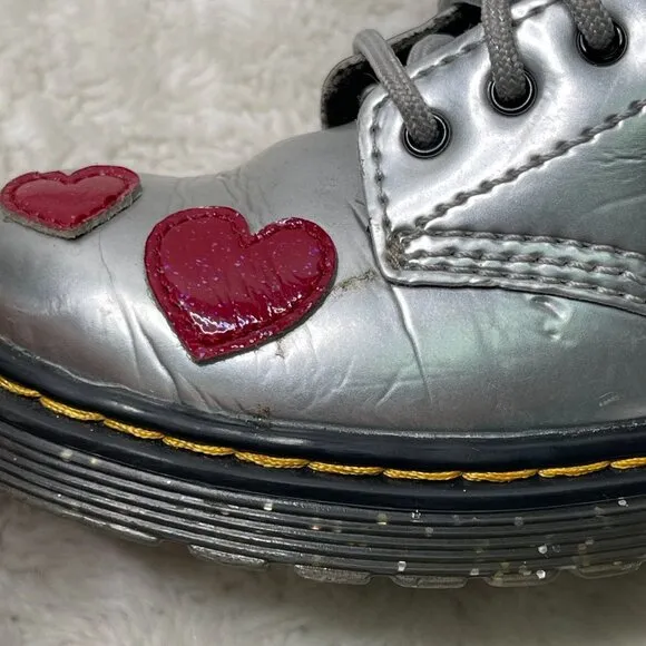 Dr. Martens #1460 Kid's Girl's Grey Red Glitter Star Lace Up Boots Shoes 10