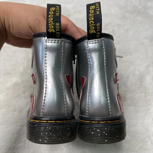 Dr. Martens #1460 Kid's Girl's Grey Red Glitter Star Lace Up Boots Shoes 10