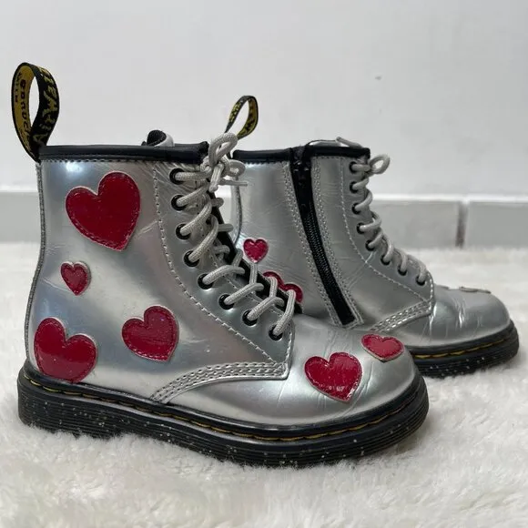 Dr. Martens #1460 Kid's Girl's Grey Red Glitter Star Lace Up Boots Shoes 10