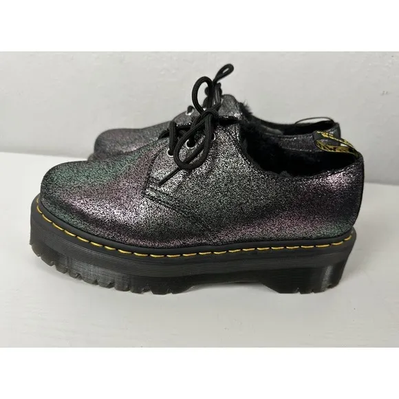 Dr Martens 1461 Platform Oxford Shoes Black Glitter Fur Lined Womens Size 9