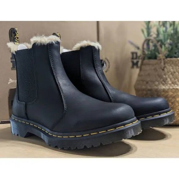 Dr. Martens 2976 Leonore Faux Fur Lined Black Leather Chelsea Boots UK 6 NIB