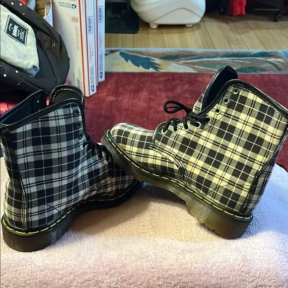 Dr. Martens Black and White Plaid Combat Moto Boots