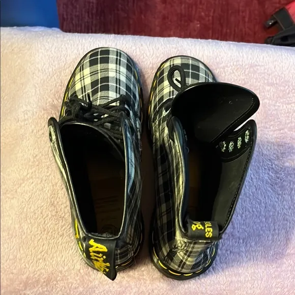 Dr. Martens Black and White Plaid Combat Moto Boots