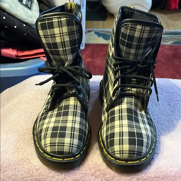 Dr. Martens Black and White Plaid Combat Moto Boots