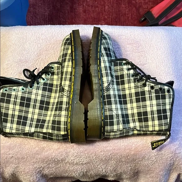 Dr. Martens Black and White Plaid Combat Moto Boots