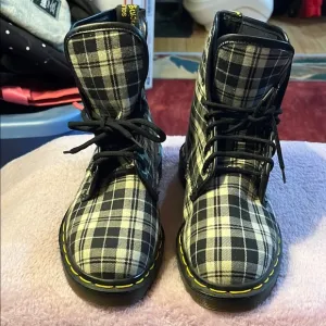 Dr. Martens Black and White Plaid Combat Moto Boots