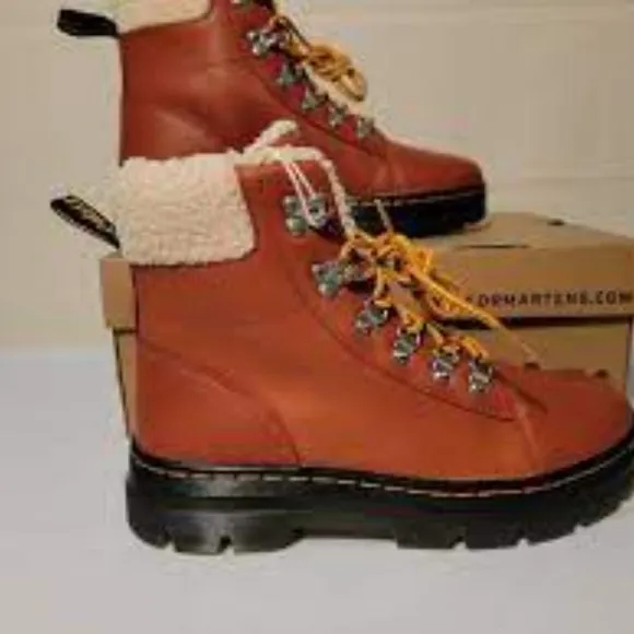 Dr. Martens Combs sherpa fur leather boot chestnut brown shoes size 9
