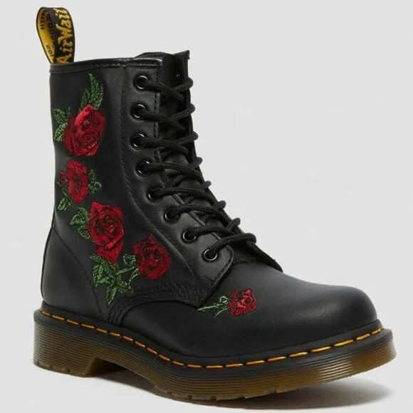 Dr. Martens Women's Black 1460 Vonda Boots Embroidered Red Rose Floral