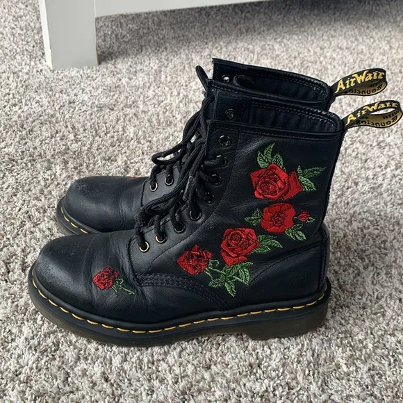 Dr. Martens Women's Black 1460 Vonda Boots Embroidered Red Rose Floral