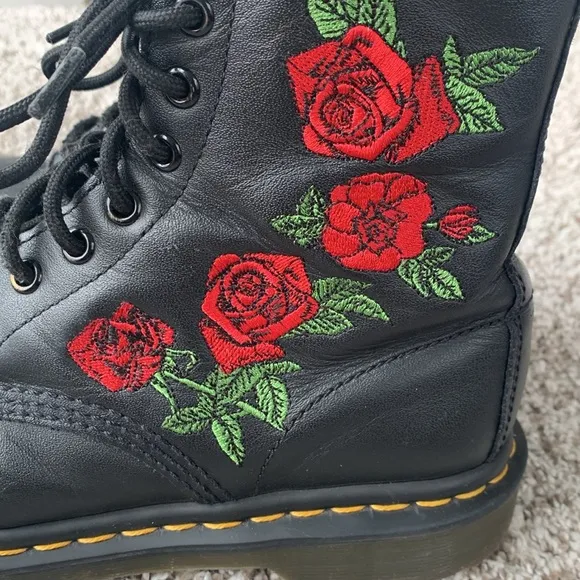 Dr. Martens Women's Black 1460 Vonda Boots Embroidered Red Rose Floral