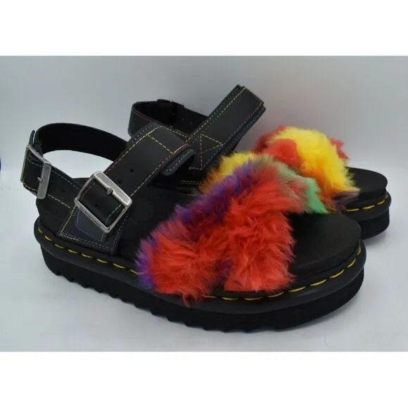 Dr Martens Womens Size 7 Voss II Pride Faux Fur Rainbow Platform Sandals Shoes