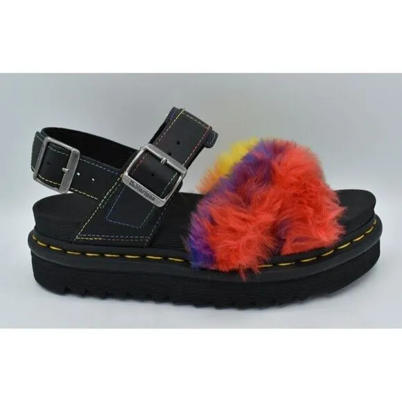 Dr Martens Womens Size 7 Voss II Pride Faux Fur Rainbow Platform Sandals Shoes