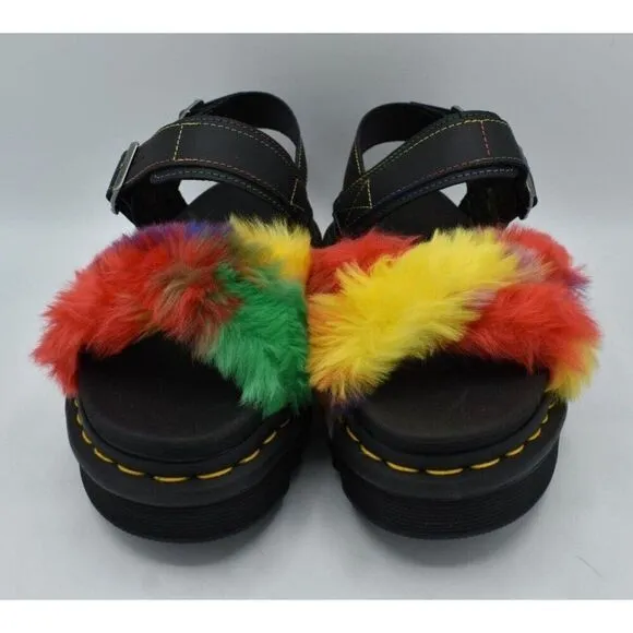 Dr Martens Womens Size 7 Voss II Pride Faux Fur Rainbow Platform Sandals Shoes