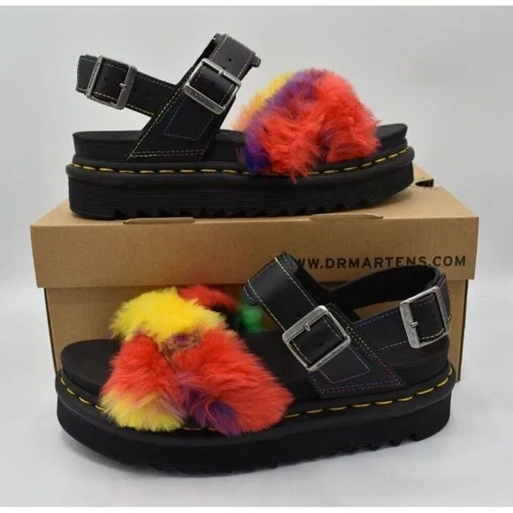 Dr Martens Womens Size 7 Voss II Pride Faux Fur Rainbow Platform Sandals Shoes