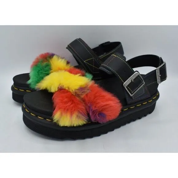 Dr Martens Womens Size 7 Voss II Pride Faux Fur Rainbow Platform Sandals Shoes