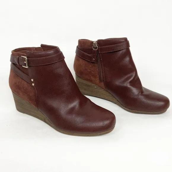 Dr. Scholls Cool Fit Memory Foam Double Vegan Leather Faux Suede Wedge Bootie