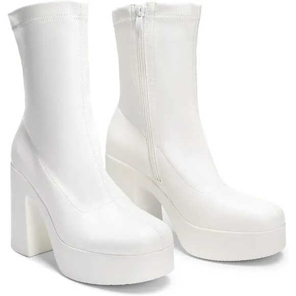 Dream Pair Women's White Polyurethane High Chunky Block Heel Zip Ankle Boots