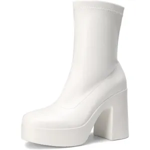 Dream Pair Women's White Polyurethane High Chunky Block Heel Zip Ankle Boots