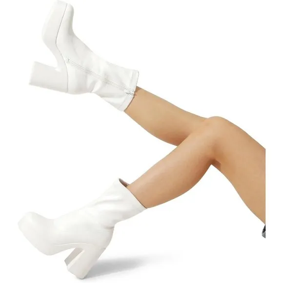 Dream Pair Women's White Polyurethane High Chunky Block Heel Zip Ankle Boots