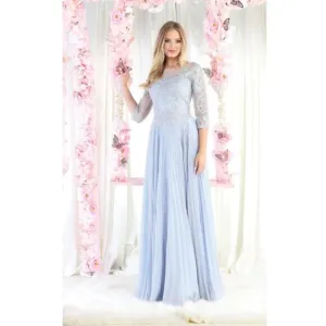 Dusty Blue Evening Long Boat Neck 3/4 Sleeves A-Line Dress By May Queen MQ1980