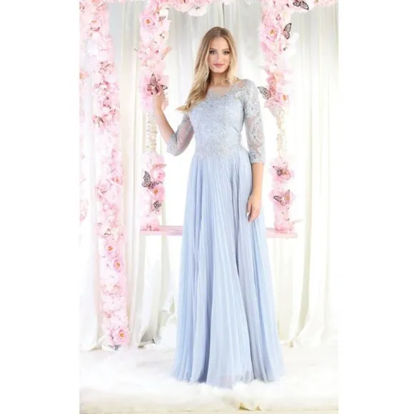 Dusty Blue Evening Long Boat Neck 3/4 Sleeves A-Line Dress By May Queen MQ1980