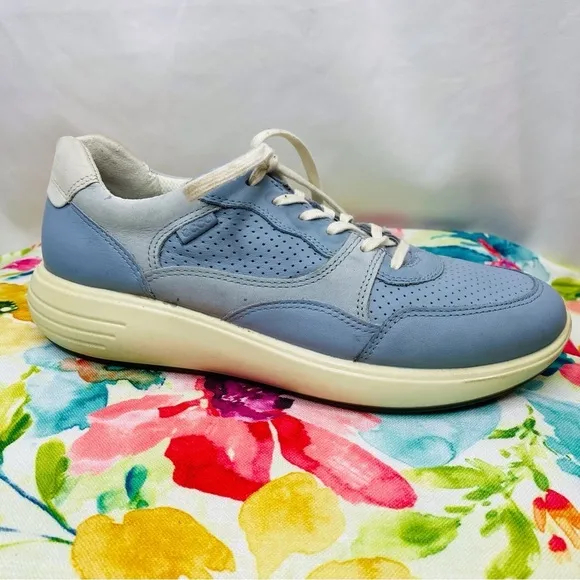 Ecco Blue Leather Athletic Walking Sneaker Shoes Size 7 Extra Width