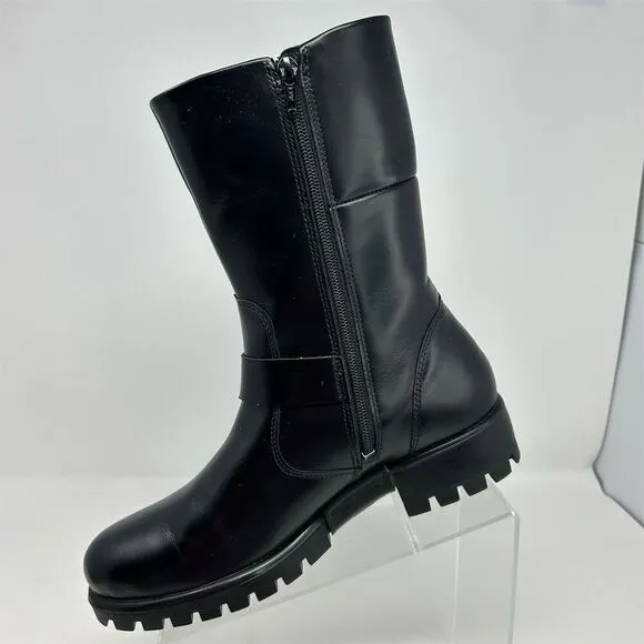 ECCO Women's Black Leather Biker Moto Mid-Calf Boots Size 8-8.5 (EU 39)