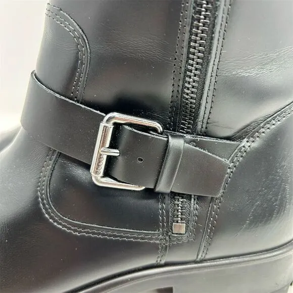 ECCO Women's Black Leather Biker Moto Mid-Calf Boots Size 8-8.5 (EU 39)