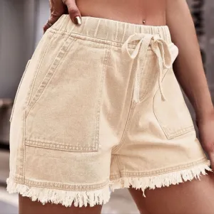 Effortlessly Cool Raw Hem Denim Shorts - Sand
