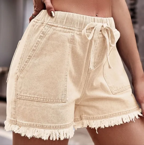 Effortlessly Cool Raw Hem Denim Shorts - Sand
