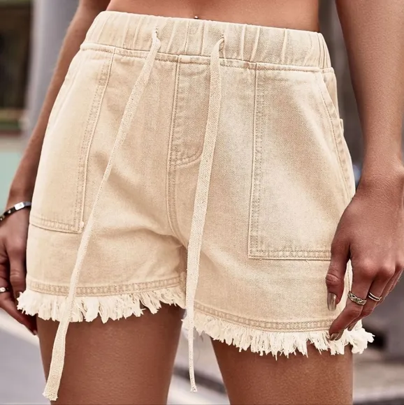 Effortlessly Cool Raw Hem Denim Shorts - Sand