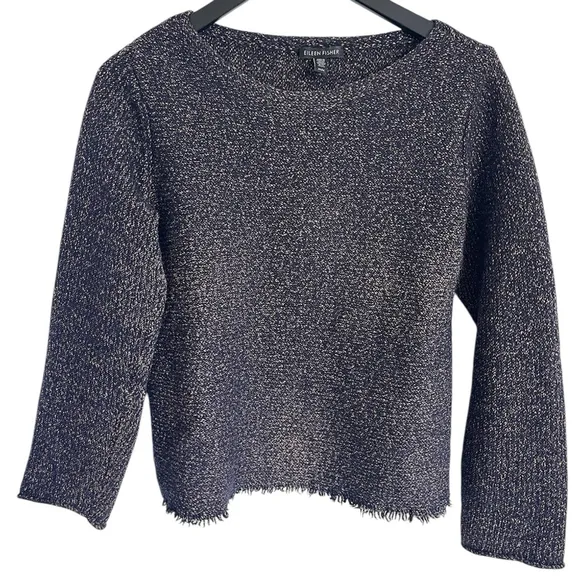 Eileen Fisher Frayed Hem Wool Blend Knit Boatneck Sweater Sz Medium