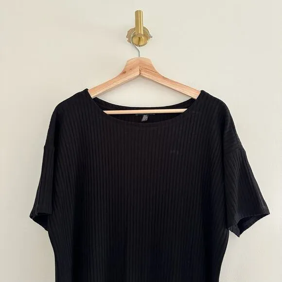 Eileen Fisher Ribbed Bateau Neck Short Sleeve Dress Black M