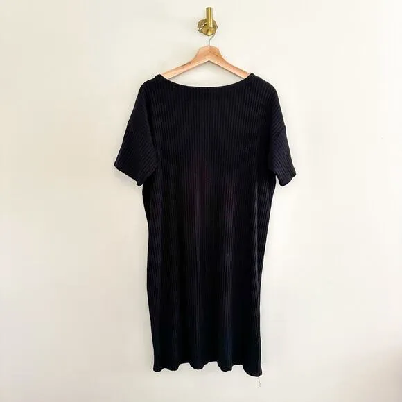 Eileen Fisher Ribbed Bateau Neck Short Sleeve Dress Black M